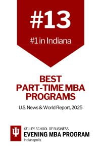 Kelley School of Business Indianapolis Evening MBA Program is ranked thirteenth among the roughly 270 part-time MBA programs in the country, according to U.S. News & World Report .